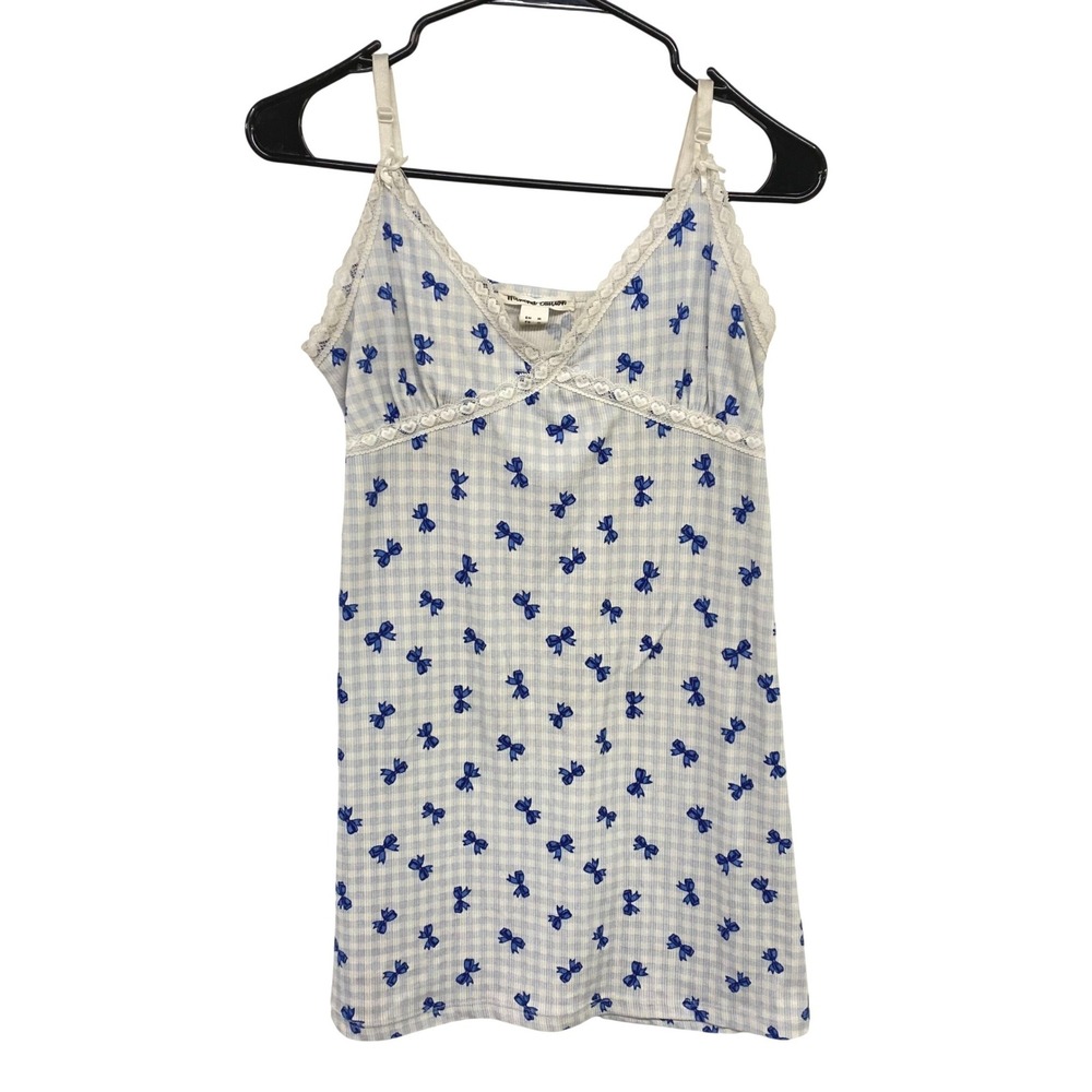 Bow Print Lace Trim Cami Tank M Blue Gingham Coquette Balletcore Y2K Twee‎